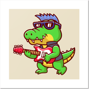 Cute Crocodile Playing Electric Guitar Cartoon Posters and Art